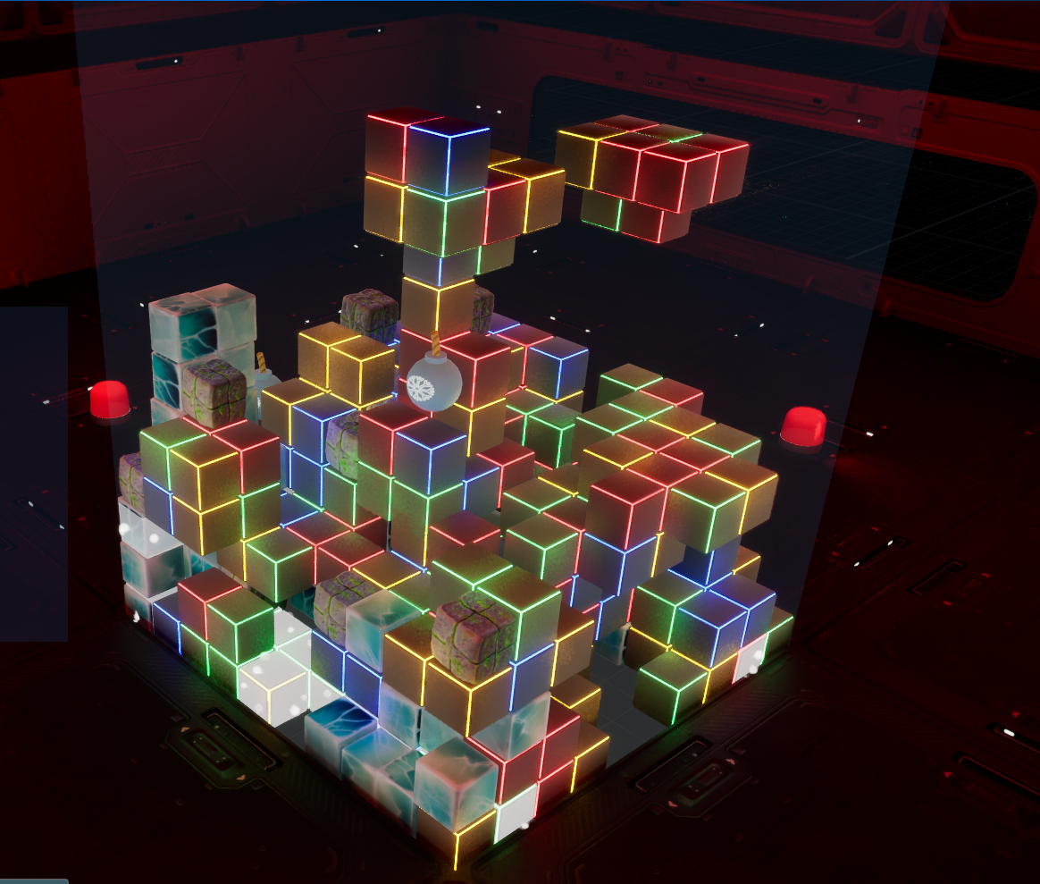 Blocks and Bombs gameplay with glowing blocks and bomb powerups